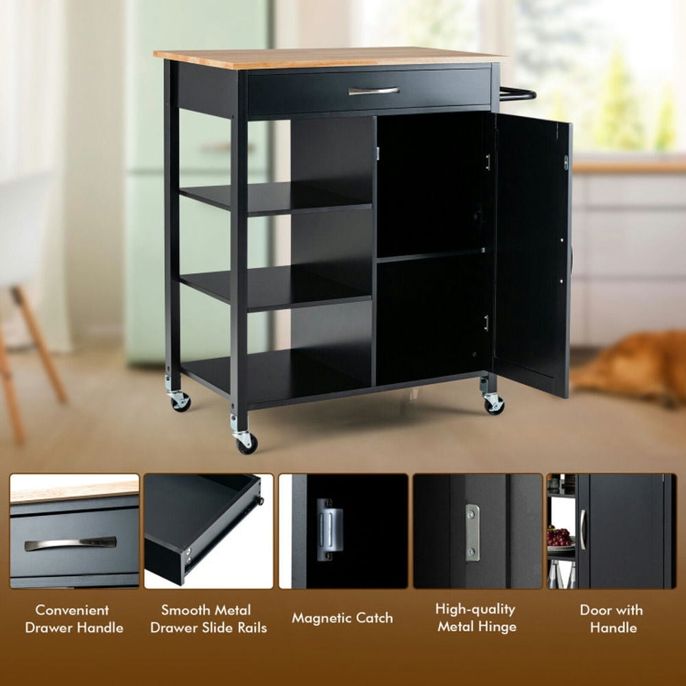 Finihen Rolling Cart, Kitchen Island Cart, Mobile Kitchen Island Cart with Rubber Wood Top, for Kitchen, Dining Room, Black Finihen Rolling Cart, Kitchen Island Cart, Mobile Kitchen Island Cart with Rubber Wood Top, for Kitchen, Dining Room, Black