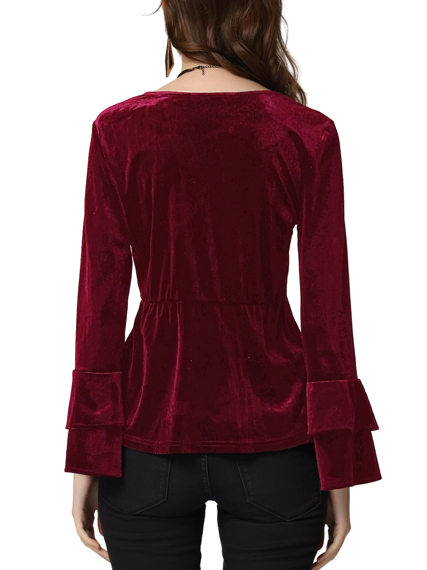 DARING DIVA Women's V Neck Velvet Blouse Flare Casual Top M Burgundy