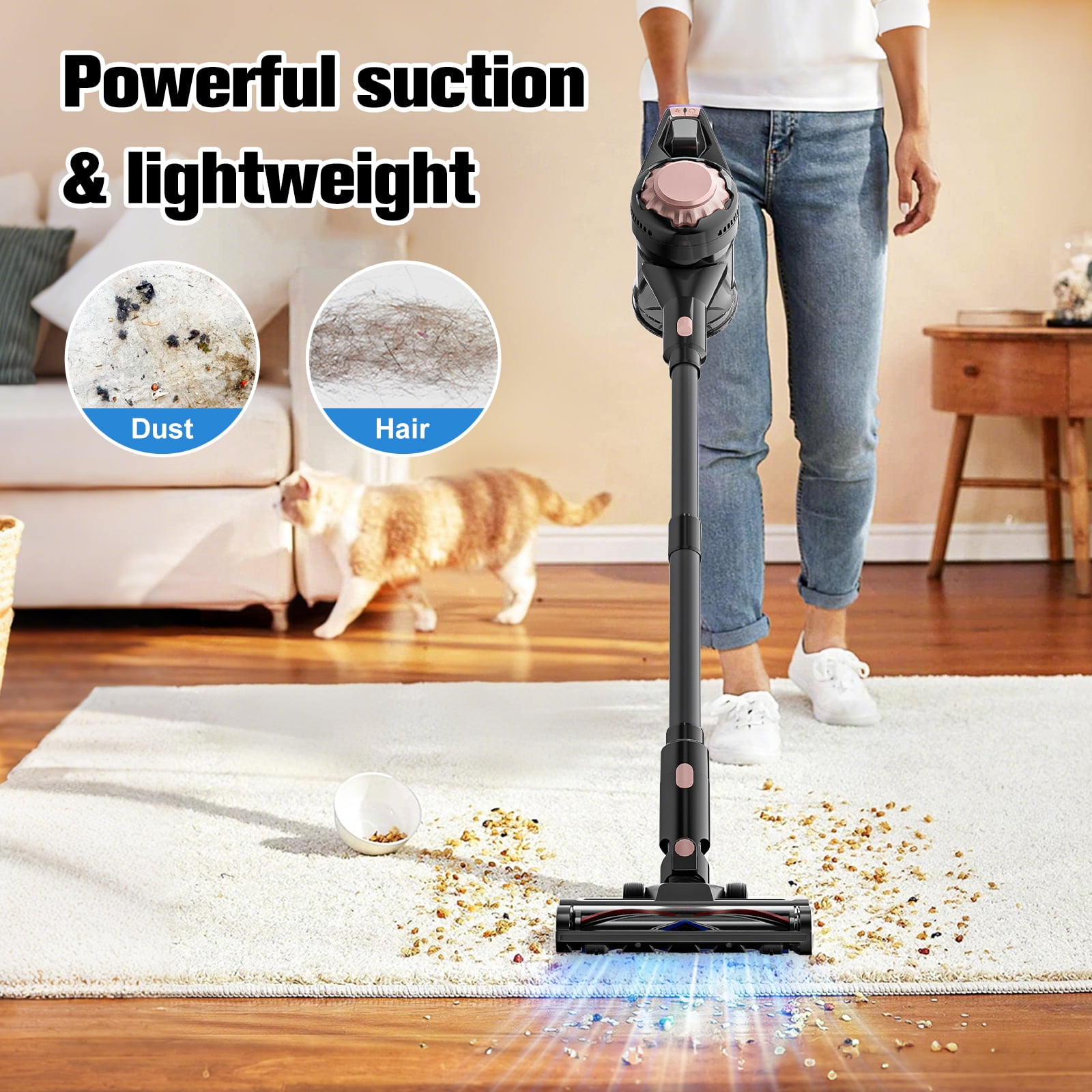 HOOFUN Cordless Vacuum Cleaner, 50mins Runtime, Powerful Stick Vacuum 6*2600mah Rechargeable Cordless Vacuum for Carpet, Tile, Pet Hair, Hardwood Floors, rose gold