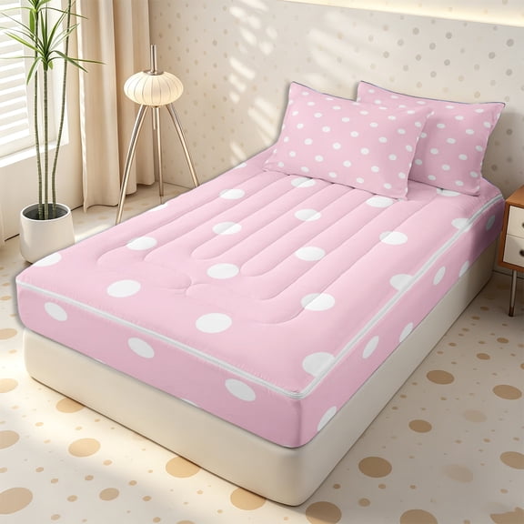 Erosebridal Soft Pastel Dot Grid Zipper Twin Comforter Sets with Fitted Sheet and 2 Pillowcases,Solid Plain Reverse Side Zipper Bedding Set,Blush Pink,4-Piece,Pink Reversible