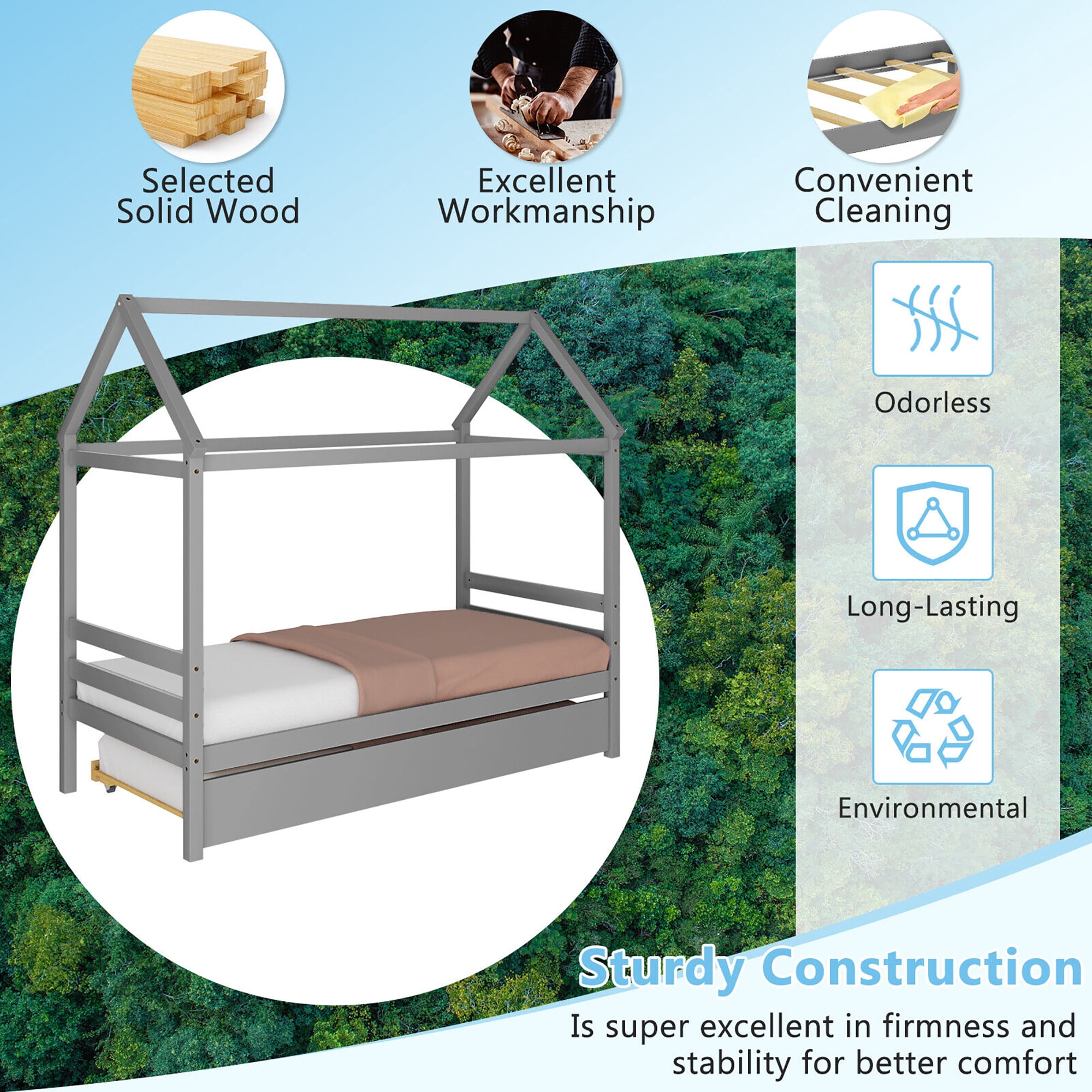 Gymax Twin House Bed Frame w/ Trundle Roof Wooden Platform Mattress Foundation Grey