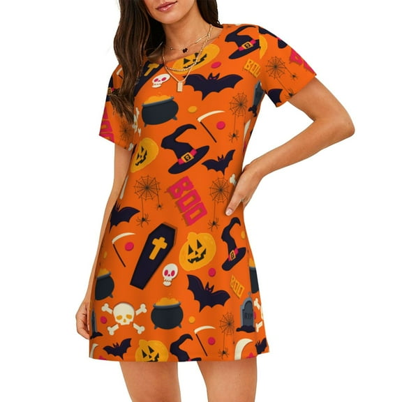 Halloween Pumpkin Skull Boo Women'S Nightgown Sleepwear Short Sleeves Nightshirt Loose Comfy Pajama Small
