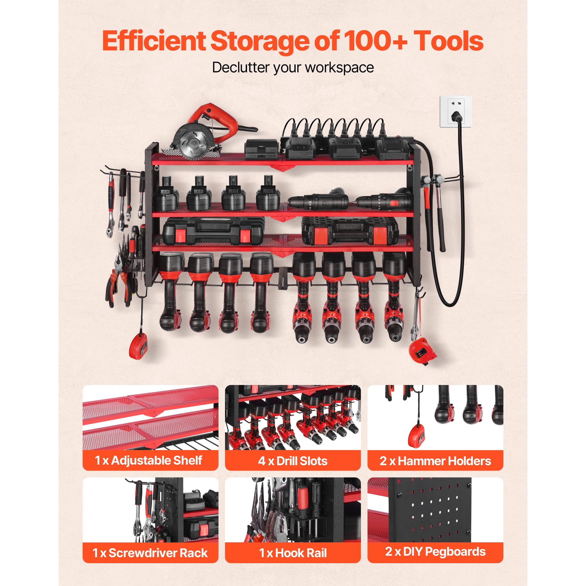KFFKFF Power Tool Organizer with Charging Station, 3-Tier Drill Storage Rack with 4 Drill Slots & Side Pegboard, Garage Tool Rack with 8-Outlet Power Strip for Garage, Workbench, and Workshop