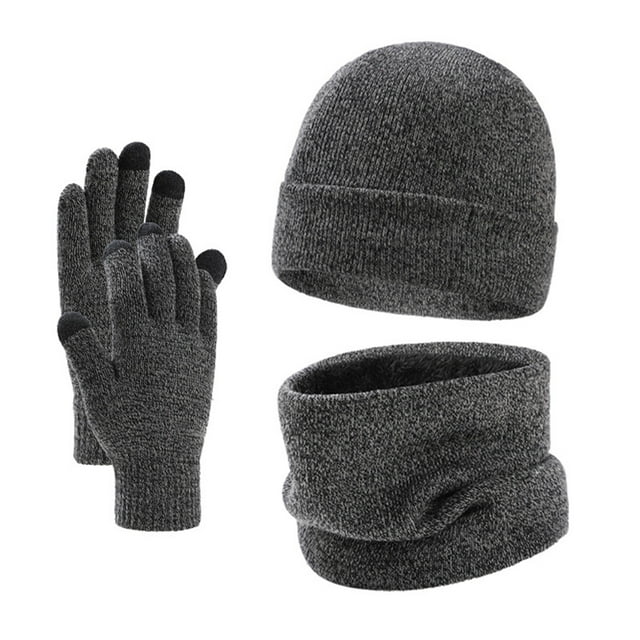 FOCUSNORM Men Winter Knitted Beanie Hat with Scarf Gloves 3 Pcs Set Ribbed Thick Warm Knitted Suits Winter Accessories