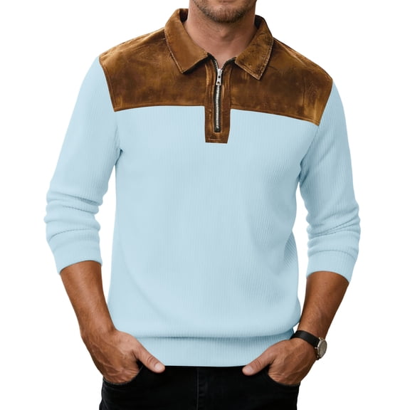 LNZGNM Quarter Zip Pullover Men Faux Suede Patchwork Collared Sweater Casual Lightweight Long Sleeve Sweatshirts Slim Fit Daily Wear Pullover Top,Sky Blue 2XL