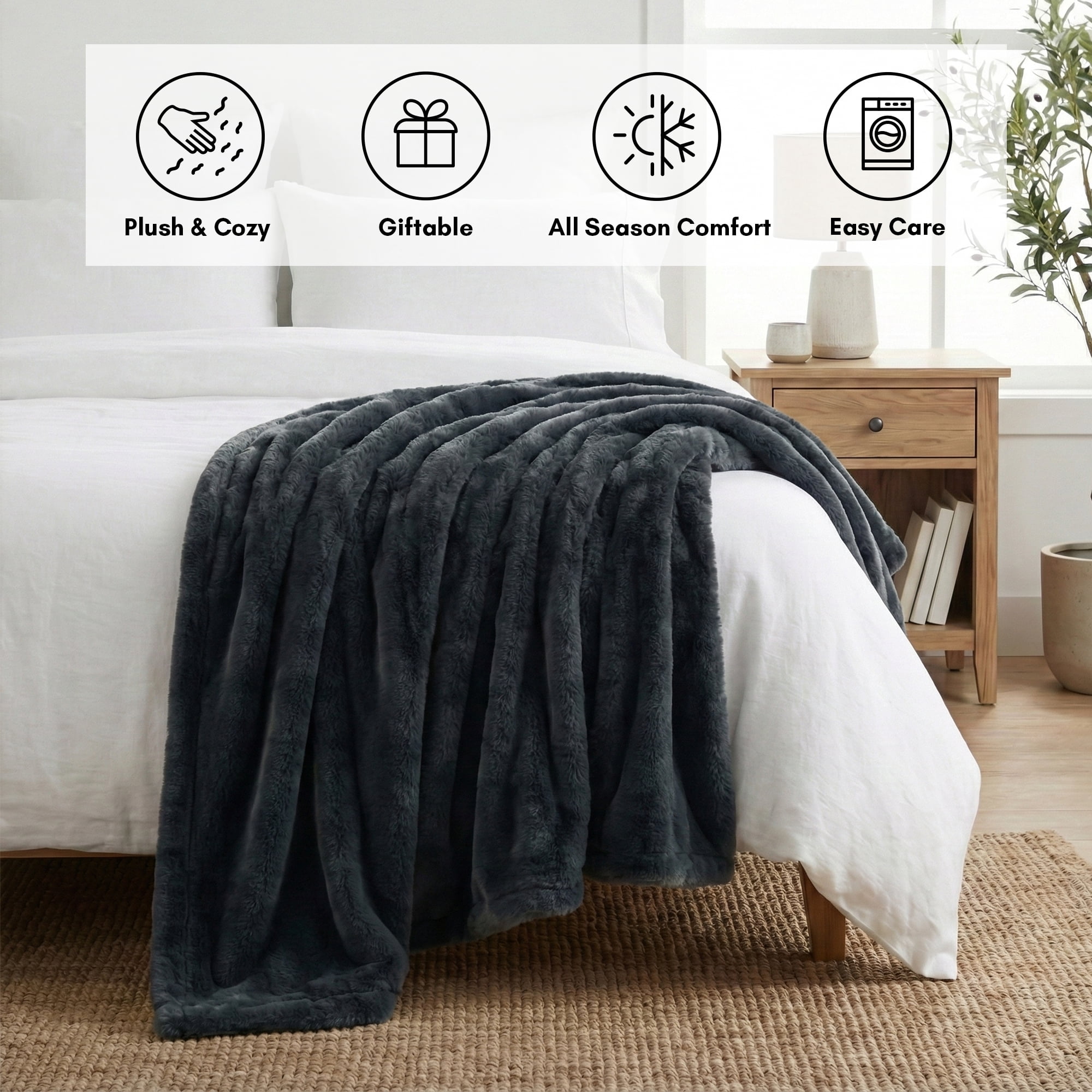 Americanflat Throw Blanket - 50x60 Inch Double Sided Luxe Faux Fur - Soft Plush Fleece Bedding - Cozy Warmth For Living Room Couch Or Sofa - Dark Gray