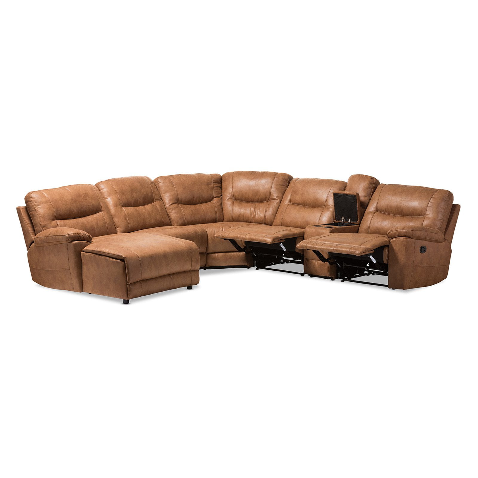 Baxton Studio Mistral Modern and Contemporary Light Brown Palomino Suede 6-Piece Sectional with Recliners Corner Lounge Suite