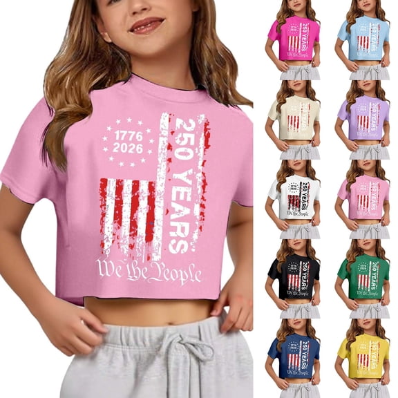 Girls 250th Anniversary Crop Top, Patriotic American Flag Print Short Sleeve Tee for Kids, Casual Independence Day Summer Shirt for Daily Holiday Wear(Pink,11-12 Years)