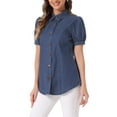 thumbnail image 4 of Camisa de mezclilla de mujer con cuello y manga corta, botón, tamaño S, azul profundo, 4 of 6