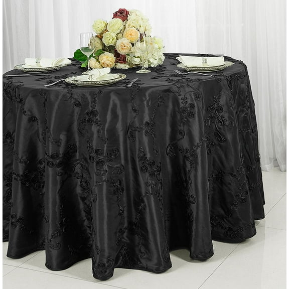 Wedding Linens Inc. 120" Round Seamless Ribbon Taffeta Tablecloth for Wedding, Luxury Events, Party use - Black
