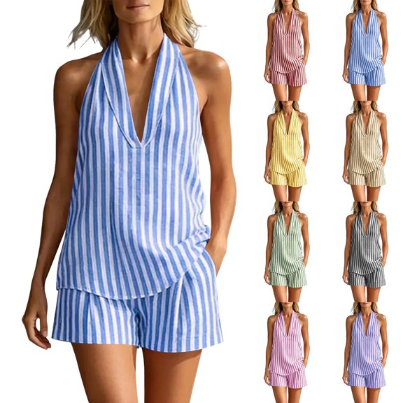 Casual Summer Outfits 2 Piece Matching Clothing Set Women's Striped V Neck Two-Piece Set Outfit Sleeveless Top And Stretch Waist Shorts Set Summer Vacation Set. Blue L