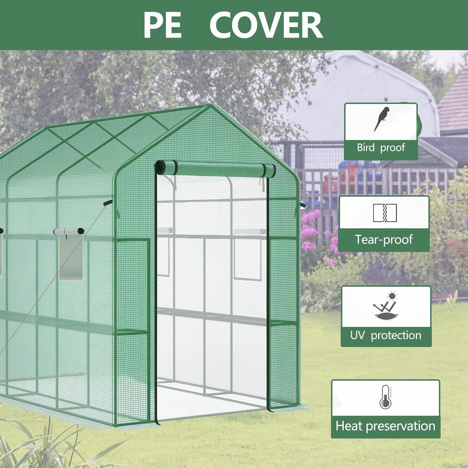 Riedhoff 85 x 57 x 77" Walk-in Greenhouse, Mesh Side Windows, Zipper Door & 8 Tier Shelves, Green