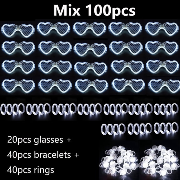 100Pcs White Wedding Mix Sets LED Light Up Heart Shaped Glasses Glow Bracelets and Flashing Bumpy Rings Wedding Party Favors Supplies