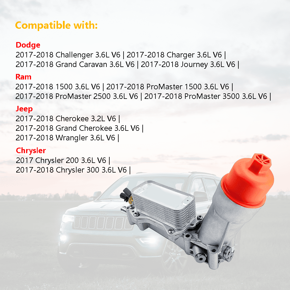 Aluminum Engine Oil Cooler & Oil Filter Housing | Fit for 2017-2018 Chrysler 200 300, Jeep Grand Cherokee Wrangler, Ram 1500 ProMaster, Dodge Challenger Charger 3.6L V6 | OE#: 68310865AB 68310865AA