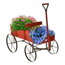 Wooden Wagon Plant Bed with Metal Wheels - Garden Planter Cart, Red Finish, 24.5'' x 13.5'' x 24'', 33 lbs Capacity, Outdoor Patio Decor