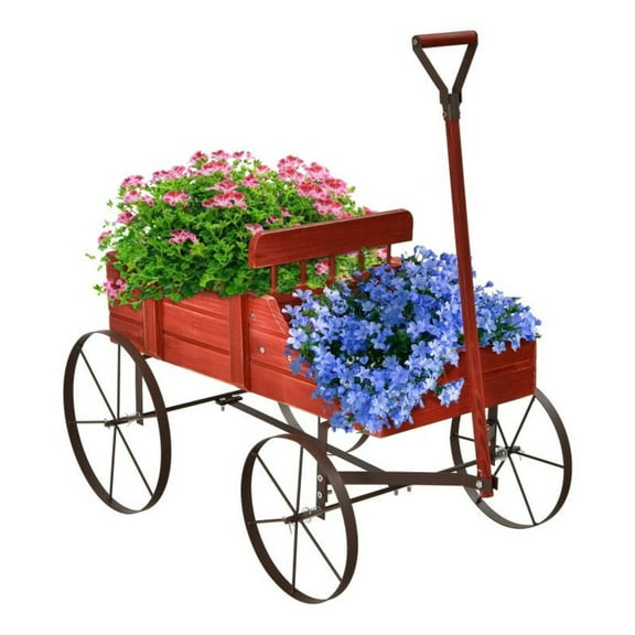 Wooden Wagon Plant Bed with Metal Wheels - Garden Planter Cart, Red Finish, 24.5'' x 13.5'' x 24'', 33 lbs Capacity, Outdoor Patio Decor