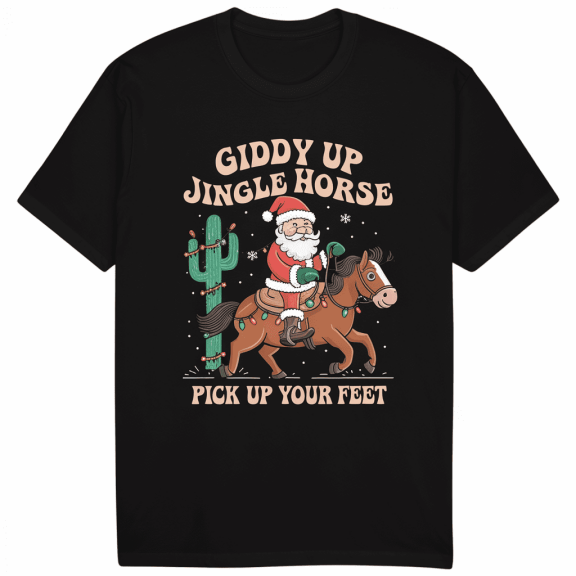 Giddy Up Jingle Horse Cowboy Santa Pick Up Your Feet Fun Men's Black T-Shirt