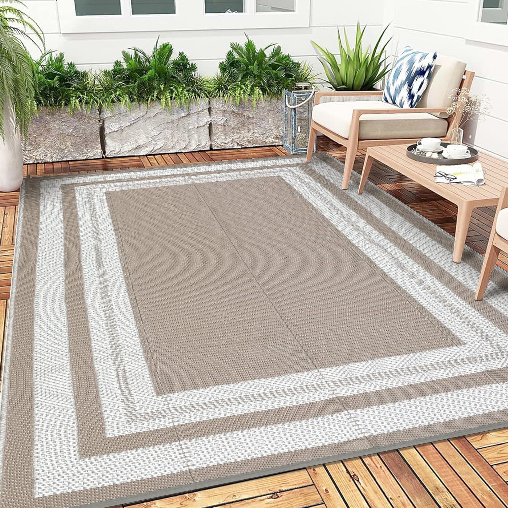 Gavee 8'x10' Waterproof Outdoor Rug, Reversible Patio Area Rug Indoor Outdoor Carpet, Plastic Modern Geometric Carpet for RV Camping Deck Balcony, Porch, Picnic, with Storage Bag, Gray and Brown