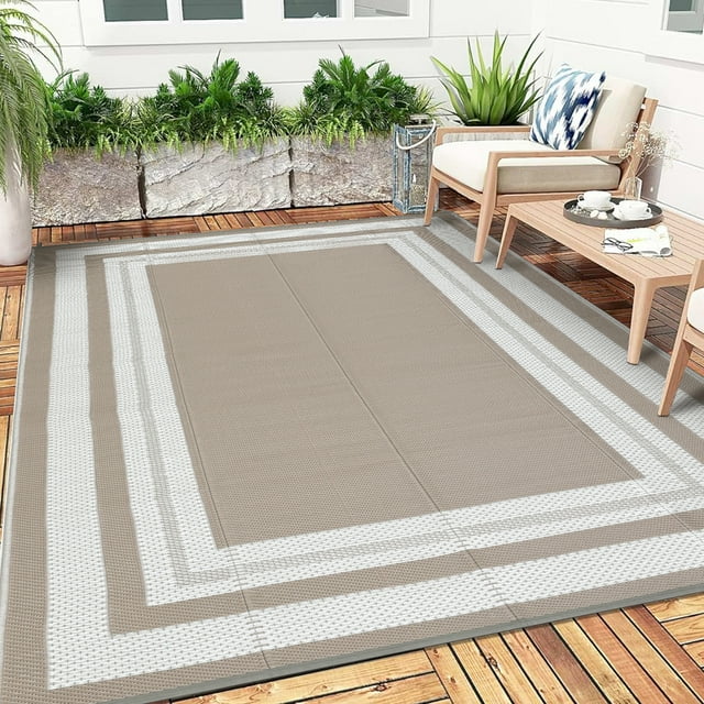GlowSol 8'x10' Outdoor Rug Carpet Waterproof Reversible Patio Rug RV Camping Rug Plastic Straw Rug Outside Indoor Outdoor Boho Area Rug, Gray Coffee