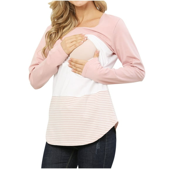 Dxzfnsa Breastfeeding Shirts for Women Women's Comfortable Crew Neck Long Sleeve Maternity Shirts Fashion Casual Solid Color Stripe Pregnant Clothes