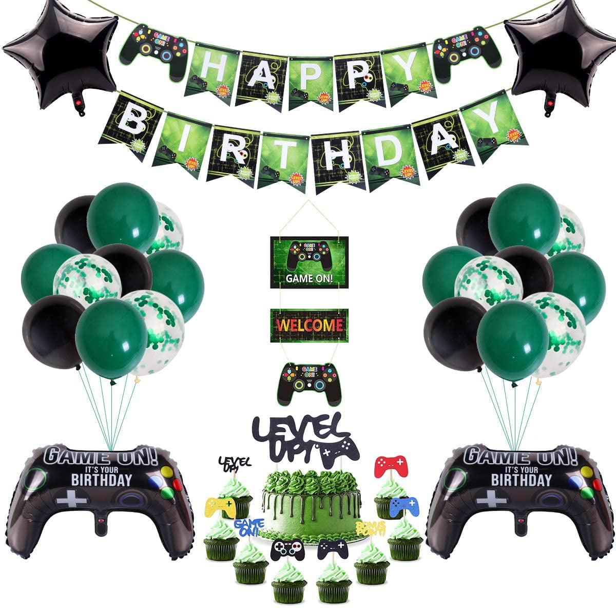 51 Pcs Video Game Party Supplies,Video Game Party Balloons Game Controller Balloons HAPPY BIRTHDAY Gaming Banner GAME ON Welcome Hanging Decor and Game Themed Cupcake Topper for Boys Birthday Party 