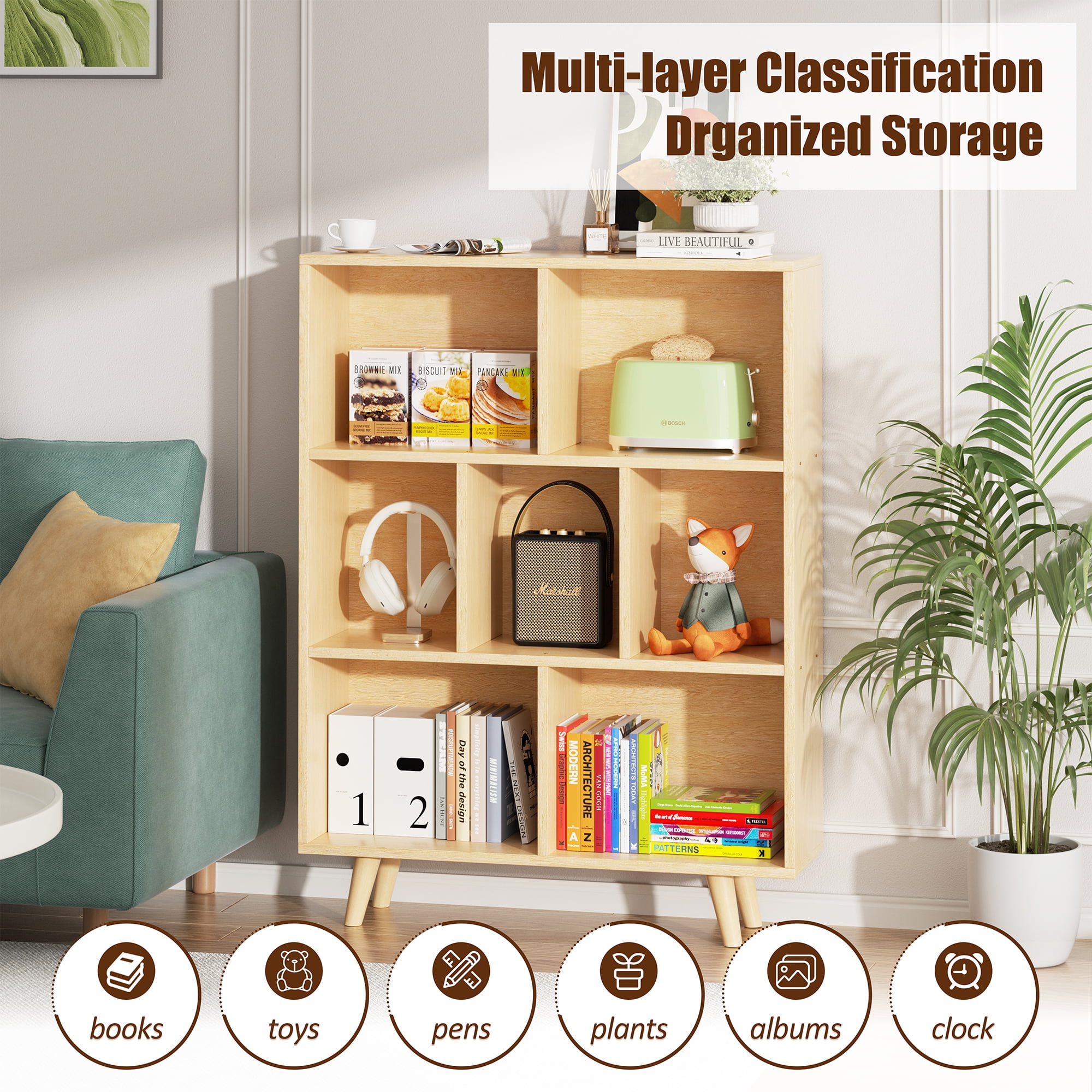 Walsunny Cube Bookcases Bookshelves 7 Cube Organizers with Legs 43" Tall Wooden Open Storage Display Bookshelf for Living Room Bedroom Office Natural Wood Color