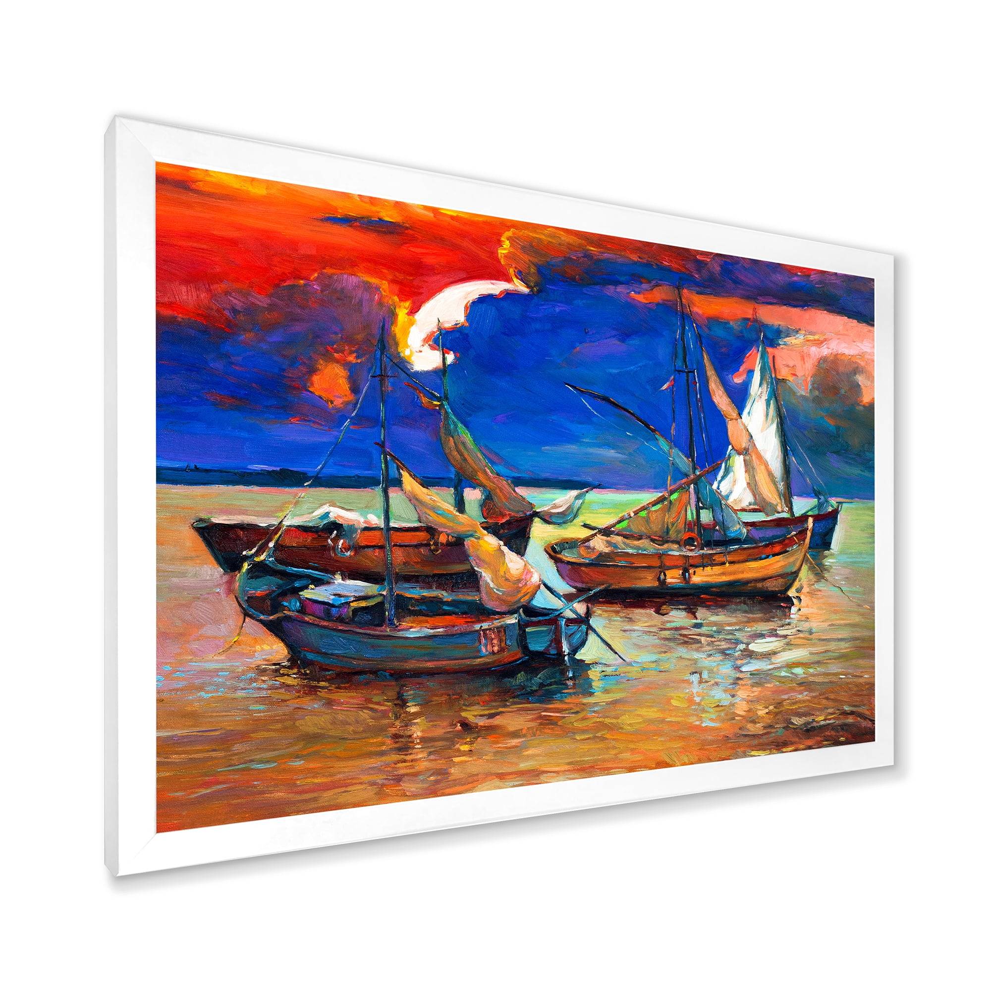 Designart 'Boats On The Water With Dark Blue Sky I' Lake House Framed Art Print