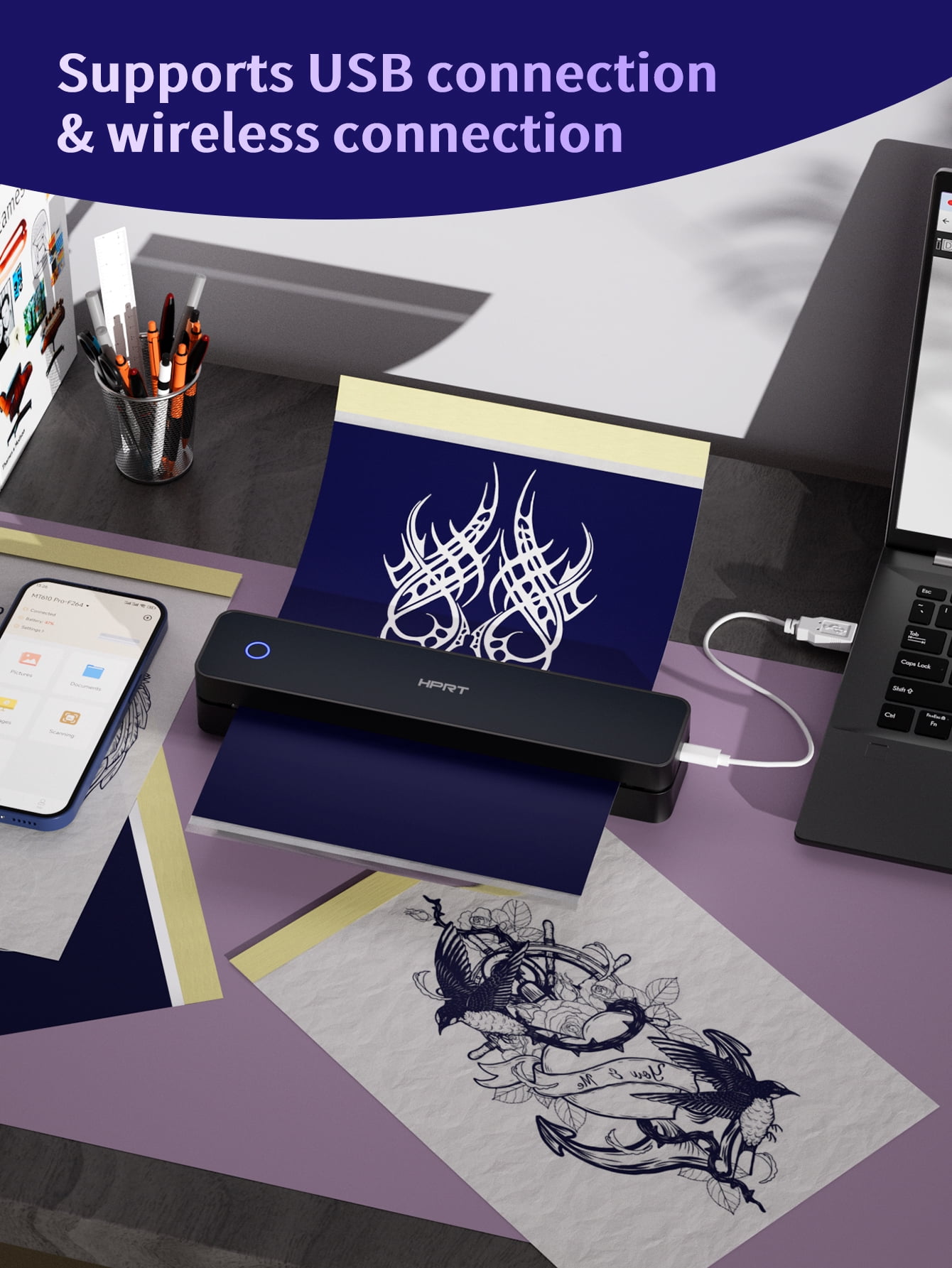MT660 Wireless Tattoo Stencil Printer, Portable Thermal Transfer Machine with Bluetooth & USB, 10Pcs Stencil Paper Included, Compatible with iPhone/Android/PC, Black