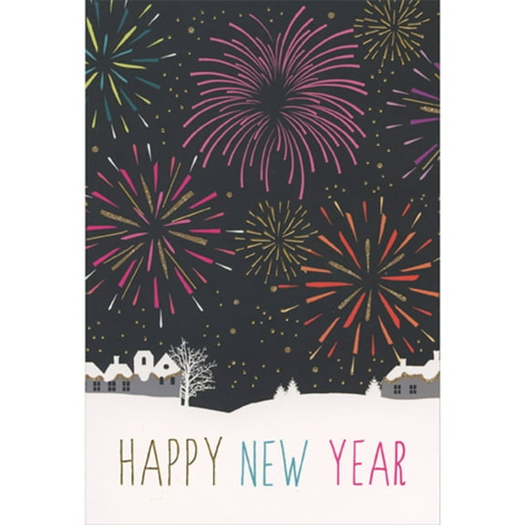 Pictura Colorful Fireworks Above Snow Covered Village New Year Card