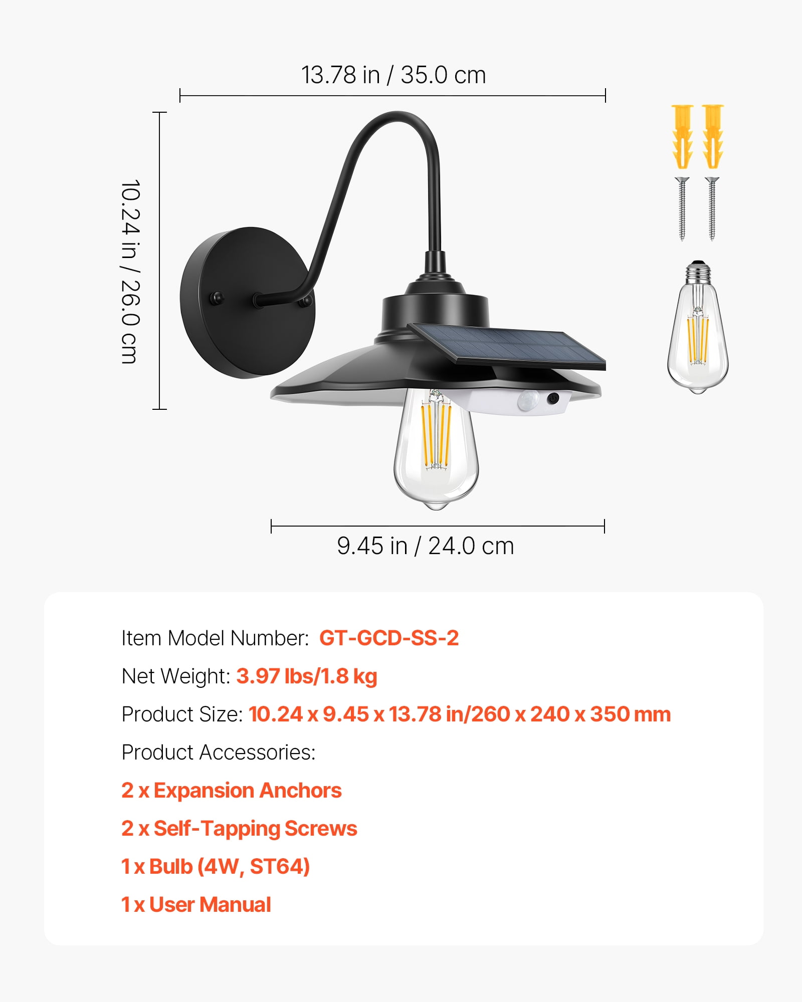 VEVOR Solar Outdoor Barn Light, 3 Lighting Modes and Motion Sensor, 2-Pack Gooseneck Light Fixture, Farmhouse Wall Sconce, with E27 Bulb Compatible, Waterproof for Porch, House, Entryway, Black