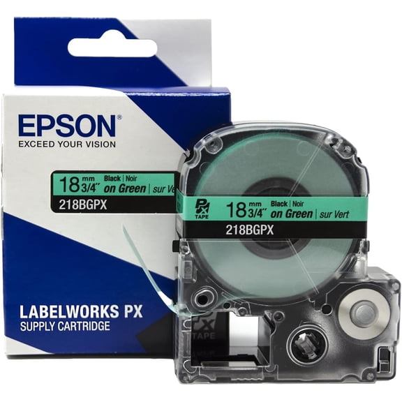 Epson LABELWORKS 218BGPX - Black on Green PET Label Maker Tape - 3/4" (18MM) Wide, 30'