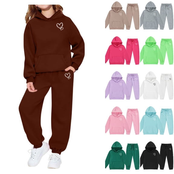 SGFCWSX Kids Heart Print Tracksuit Hooded Sweatshirt and Joggers Set for Girls 2 Piece Casual Warm Outfit Coffee Size 9-10 Years