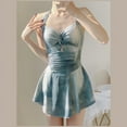 thumbnail image 5 of Traje de baño adelgazante con falda que cubre el vientre y cuello colgante de estilo chica sexy azul teñido anudado para vacaciones en la playa para mujer, 5 of 5