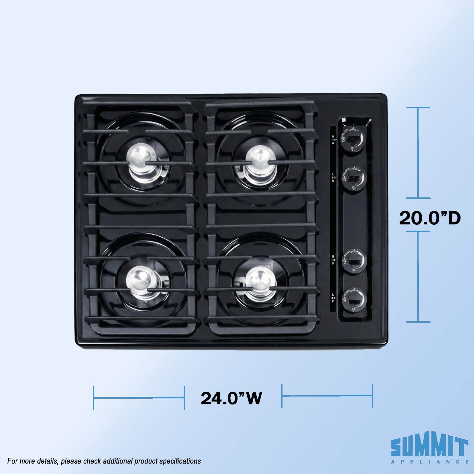 Summit 24" Gas Cooktop, 4 Burners, Electric Ignition, 115V-3 Gas Cooktop, Black - TNL033I