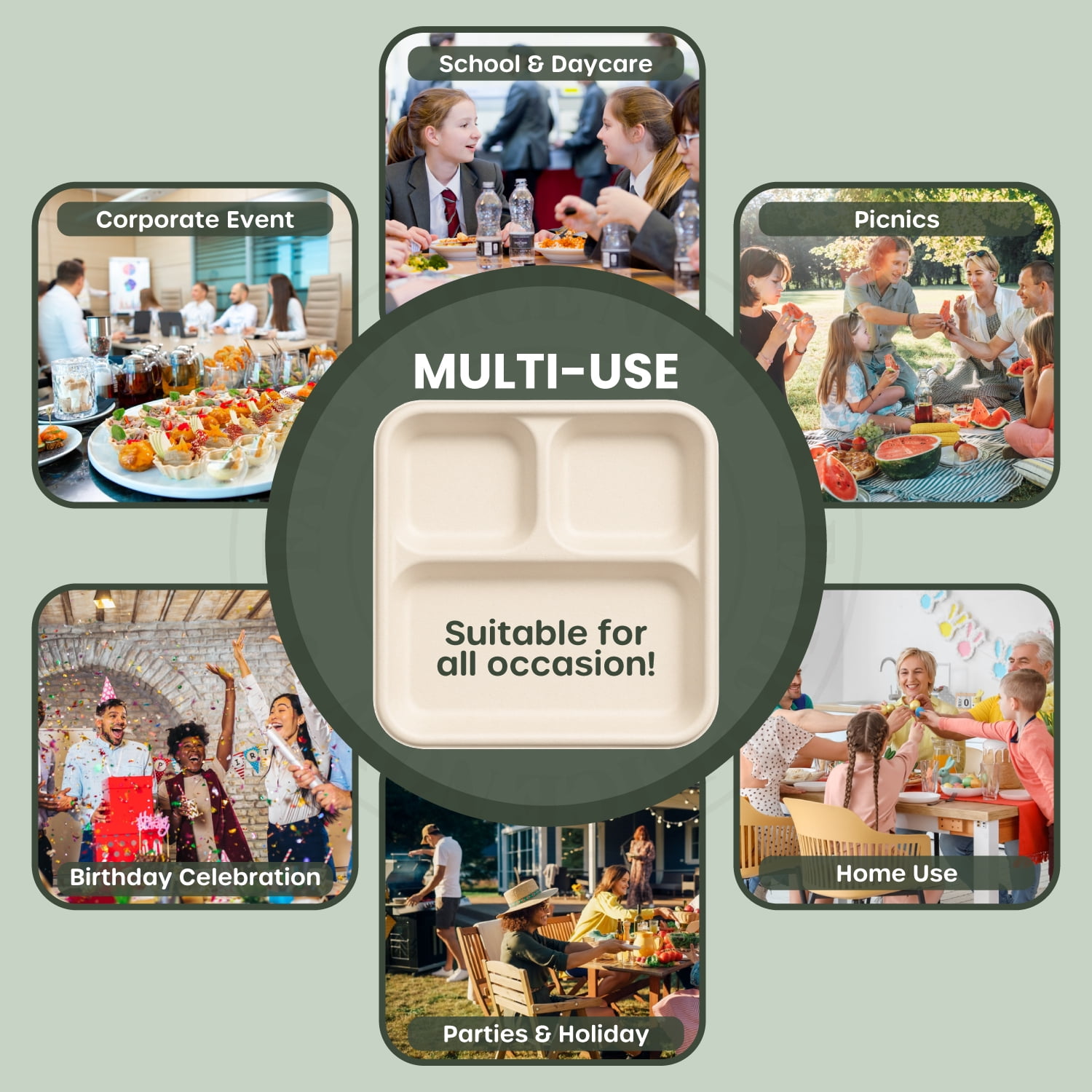FPN Plates Square 3-Compartment 125 Pack Disposable Trays – Sugarcane Fiber, Biodegradable & Compostable, Paper Plates for Meals, Catering, School Lunch, Microwave & Freezer Safe