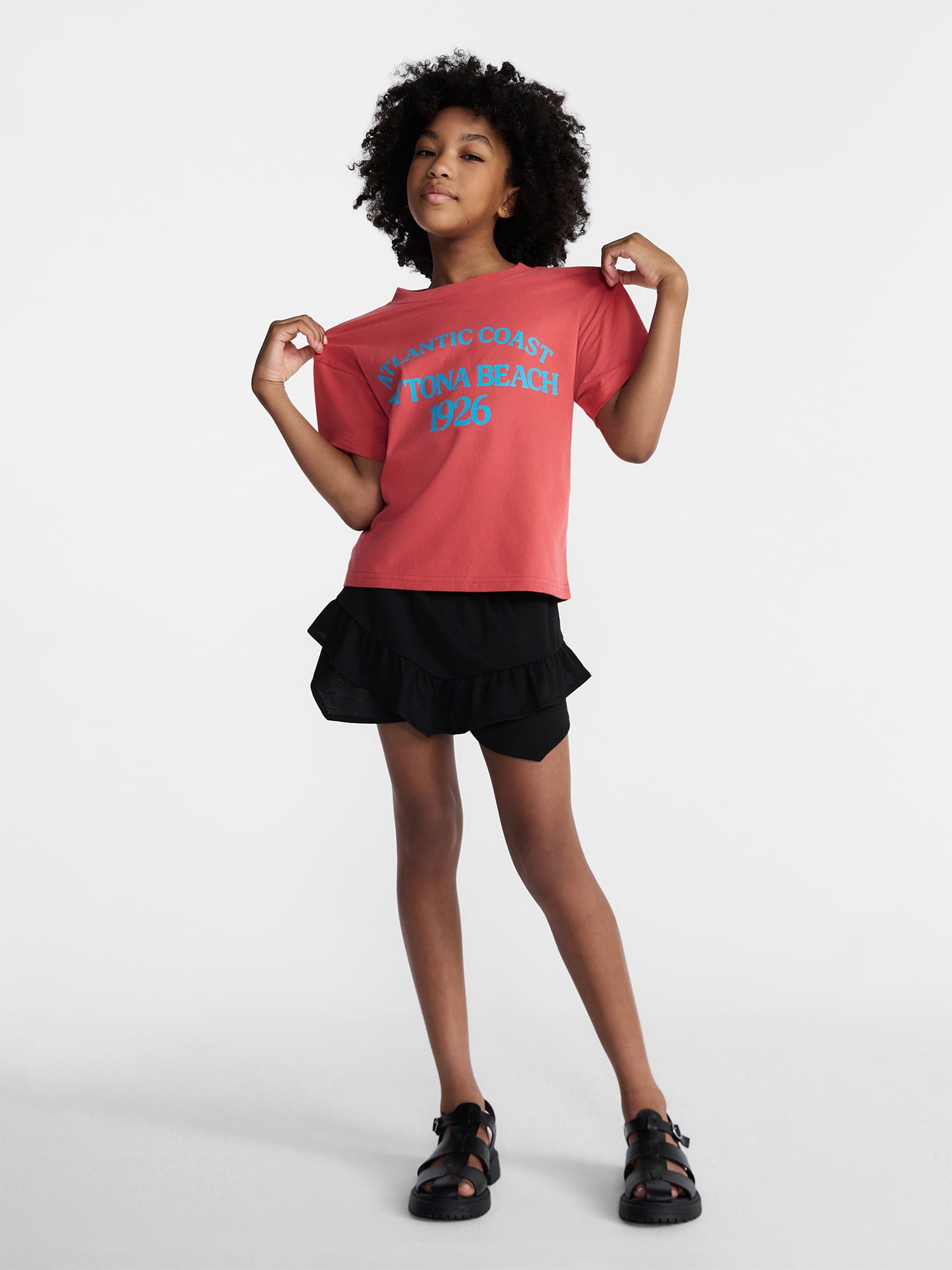 Weekend Academy Girls Oversized Graphic Cotton Tee with Short Sleeves, Sizes 4-18