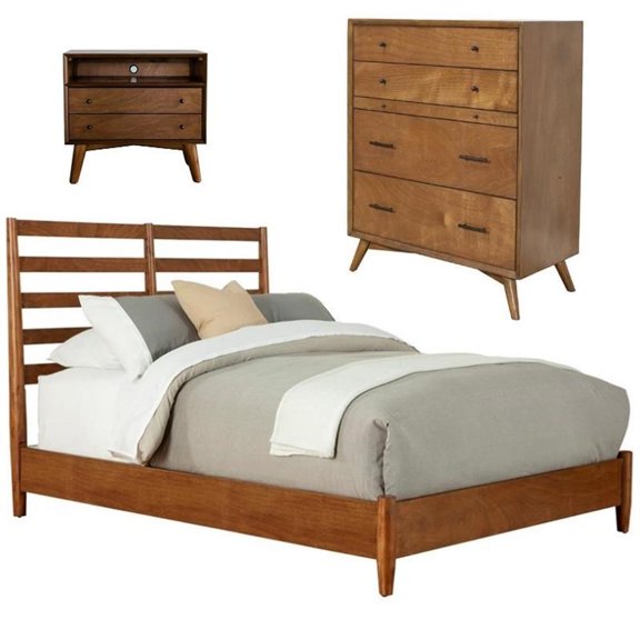 Home Square 3 Piece Set with Chest Full Wood Bed and 2-Drawer Nightstand