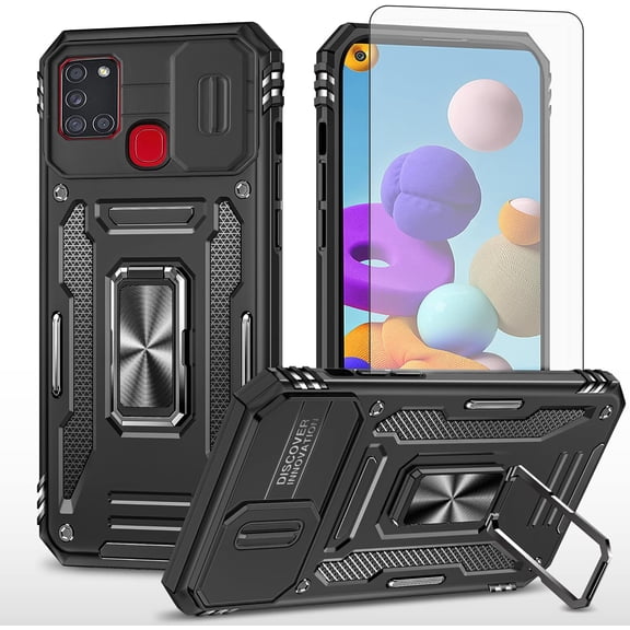 Phone Case for Samsung Galaxy A21S with Tempered Glass Screen Protector and Slide Camera Cover Magnetic Ring Holder Kickstand Stand Cell Accessories Glaxay Galaxies A 21S Women Men Black