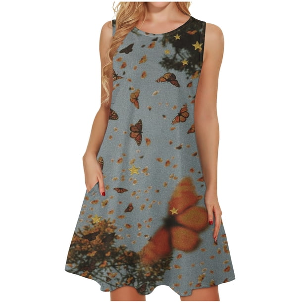 Mujeres verano casual sin mangas cuello redondo gradiente impreso bolsillo manga vestidos vestido suelto OAVQHLG3B Store lin121212