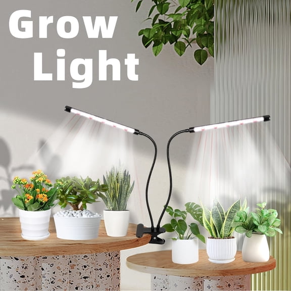 Grow Lights for Indoor Plants,2 Head Grow Light Full Spectrum Auto ON/Off with 4/8/12H Timer, 3 Modes Clip On Plant Grow Light with 10 Dimmable Brightness