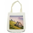 thumbnail image 1 of Rustic Tote Bag, Nature Wooden Houses in a Carpathian Mountains Ukraine Early Misty Morning Picture, Cloth Linen Reusable Bag for Shopping Books Beach and More, 16.5" X 14", Cream, by Ambesonne, 1 of 2