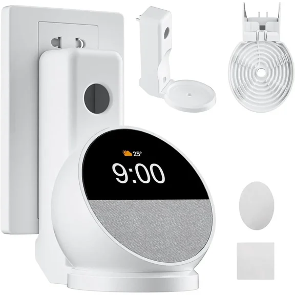 Wall Mount Stand for Echo Spot 2024, Outlet Hanger Stand with Built-in Cable Management, Hide Messy Wires Wall Holder, Space Saving Holder for Echo Spot,No Screws and Drill Needed