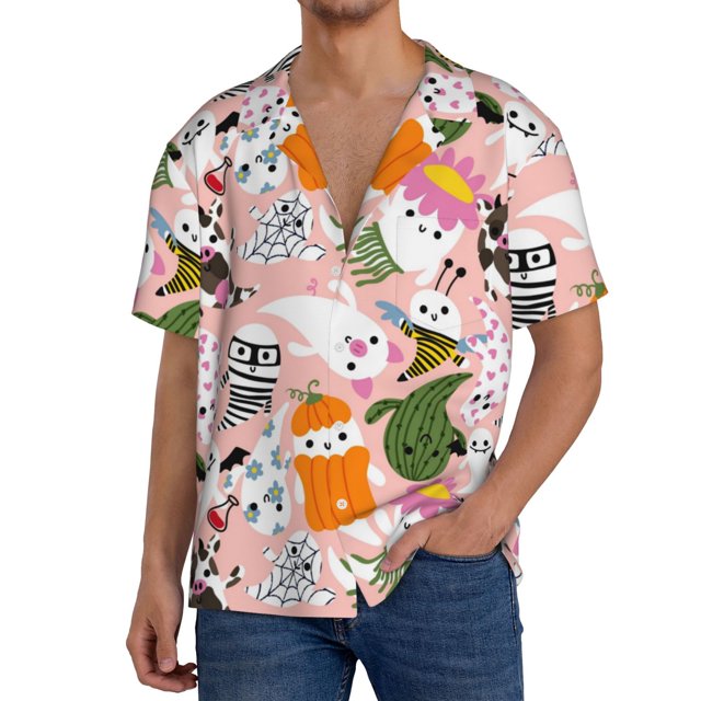 Fotbe Cartoon Halloween Camisa Estampada de Manga Corta para Hombre, Casual de Verano, Estilo Playero, Sin Arrugas-X-Large