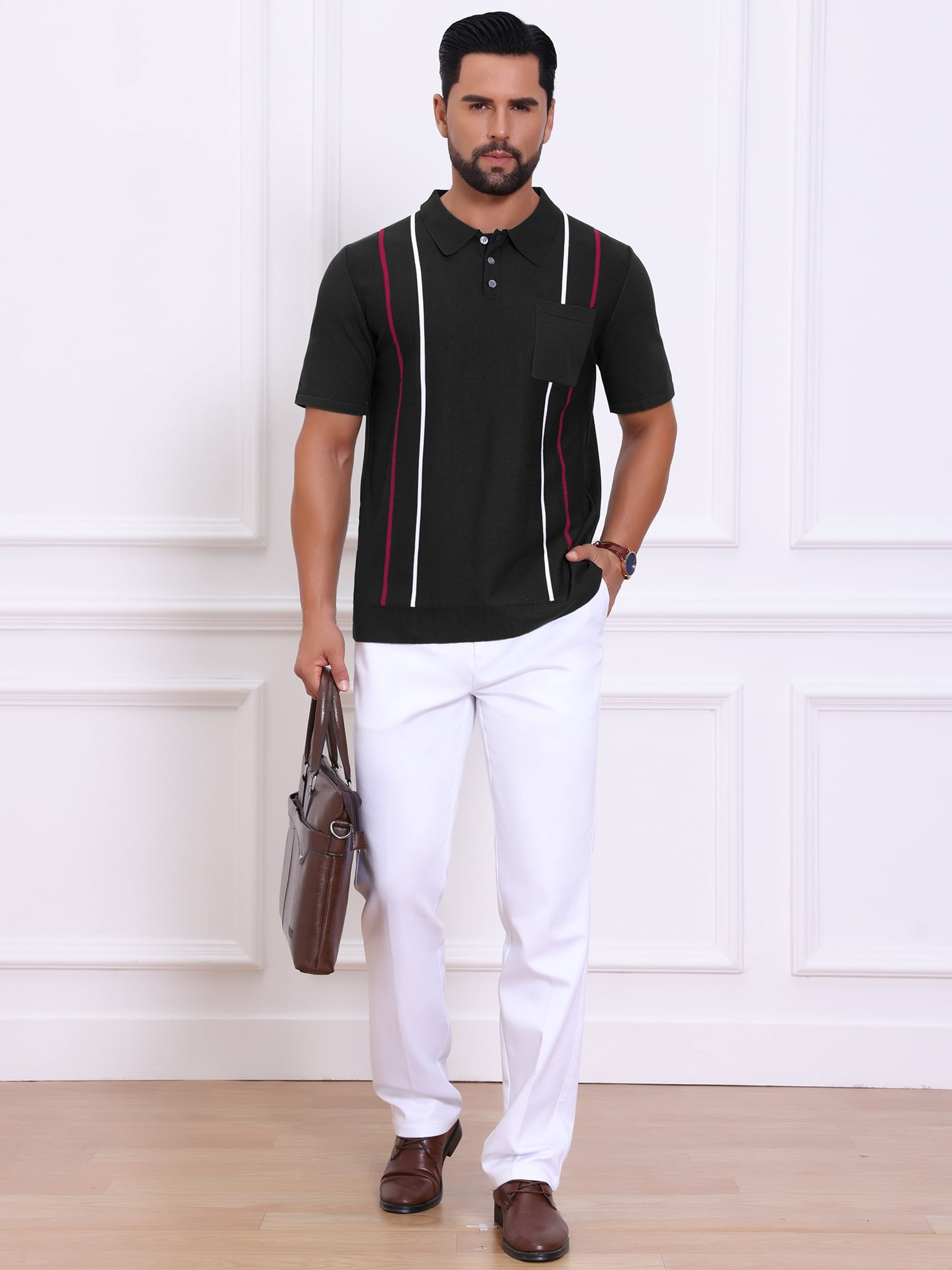 DARING DIVA Men's Striped Knit Chest Pocket Short Sleeve Vintage Golf Shirts 2XL Black