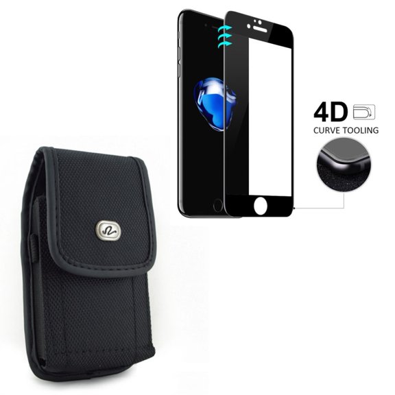 Black Vertical Rugged Canvas Case Cover Protective Pouch w 4D Tempered Glass Screen Protector Edge to Edge Full Cover Curved Compatible With iPhone 8 PLUS 7 Plus