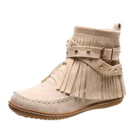 

TOWED22 Womens Boots Ankle Short Women Round Retro Tassel Color Flat Solid Zipper Booties Toe Shoes Women s Boots (Beige 7.5)