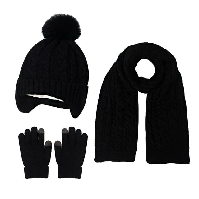 HAiming Children's Hat Scarf and Gloves 3PCS Cable Knit Sets Ear Warmer Cap Solid Color Comfortable with Pompom