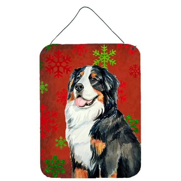 Bernese Mountain Dog Red  Green Snowflakes Holiday Christmas Wall or Door Hanging Prints