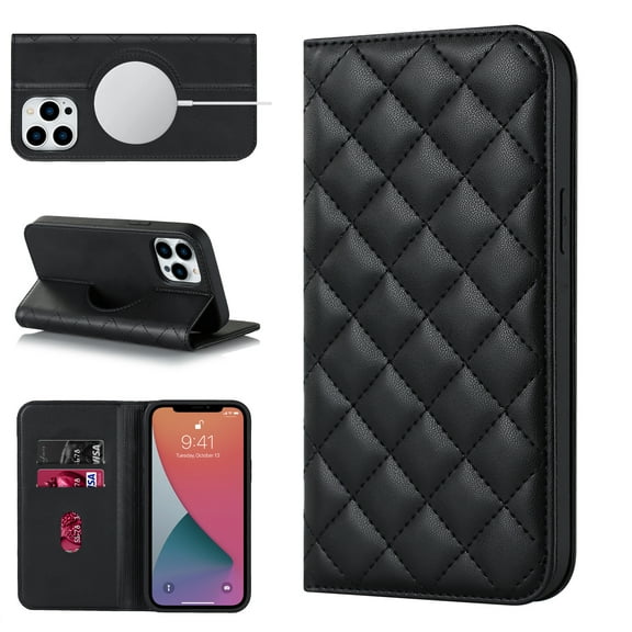 Wallet Case for iPhone 12 Pro Max 6.7 inch, Luxury Quilted PU Leather Flip Cover [Shockproof TPU] [Support Wireless Charging] with 2 Card Slots, Kickstand, FRID Blocking Case Cover, Black