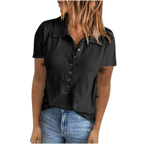 Jophufed Women Summer Tops Fashion Crewneck Solid Color Button T-shirt Tops Short Sleeve Blouse Flash picks